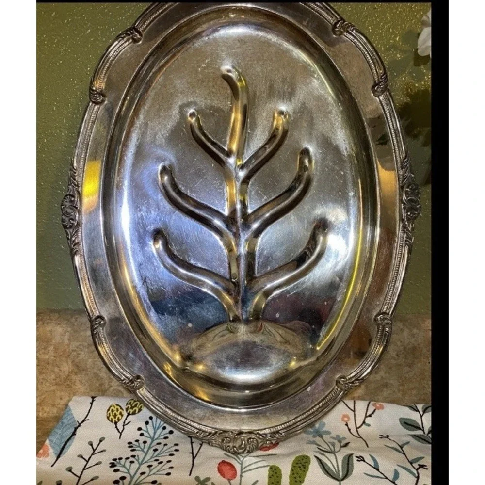 Vintage English Silver‎ Meat Platter Mfg Corp Silverplate Large 12x16x2 Footed
